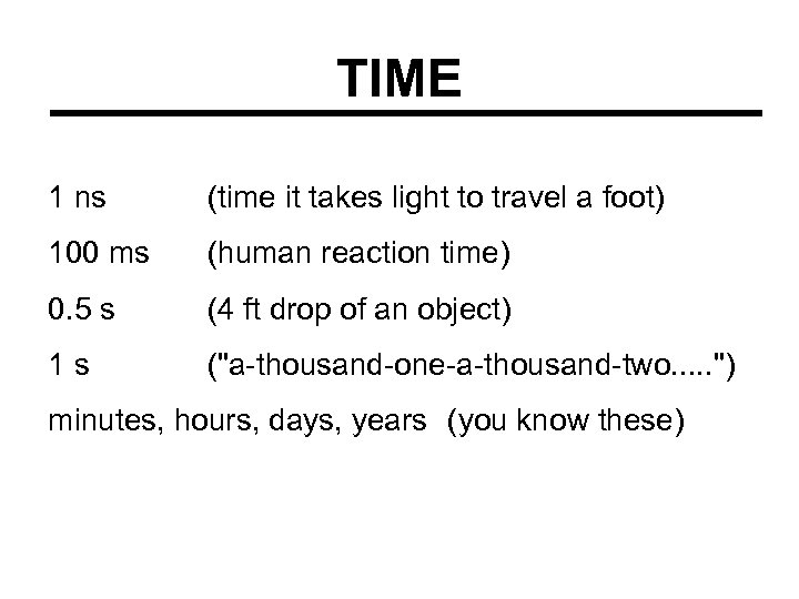 TIME 1 ns (time it takes light to travel a foot) 100 ms (human