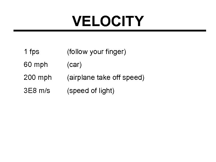 VELOCITY 1 fps (follow your finger) 60 mph (car) 200 mph (airplane take off