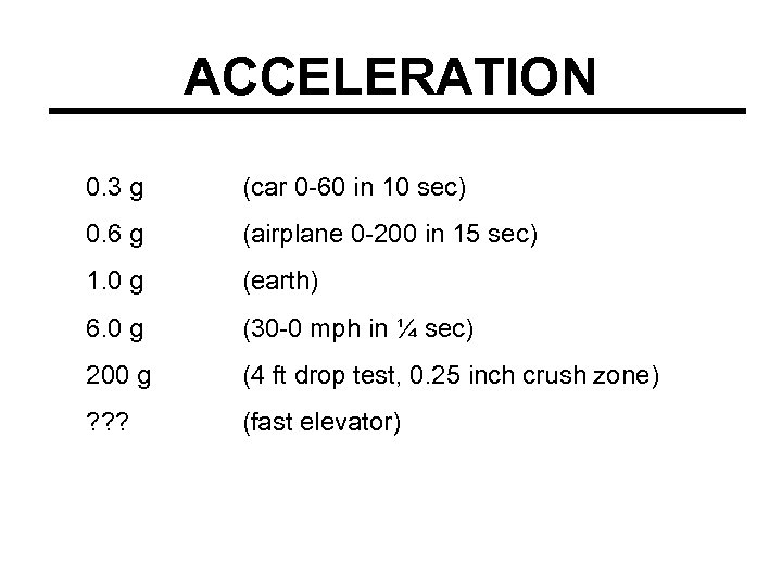 ACCELERATION 0. 3 g (car 0 -60 in 10 sec) 0. 6 g (airplane