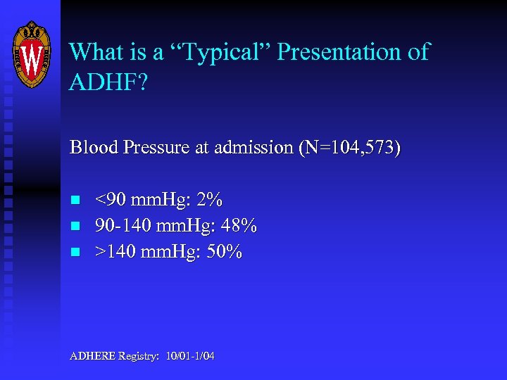 What is a “Typical” Presentation of ADHF? Blood Pressure at admission (N=104, 573) n