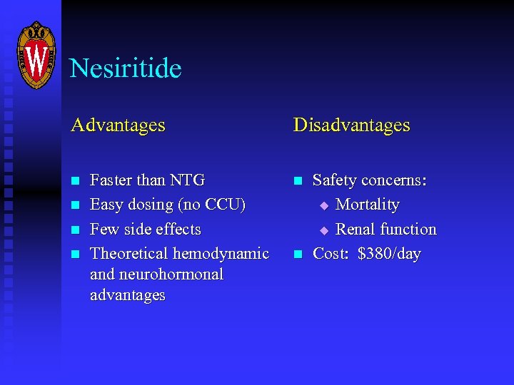 Nesiritide Advantages n n Faster than NTG Easy dosing (no CCU) Few side effects