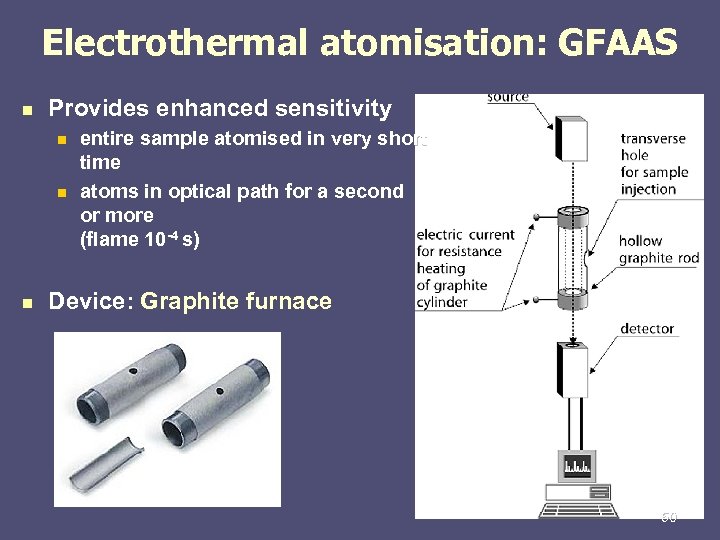 Electrothermal atomisation: GFAAS n Provides enhanced sensitivity n n n entire sample atomised in