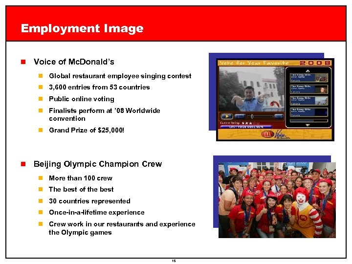 Employment Image n Voice of Mc. Donald’s n Global restaurant employee singing contest n