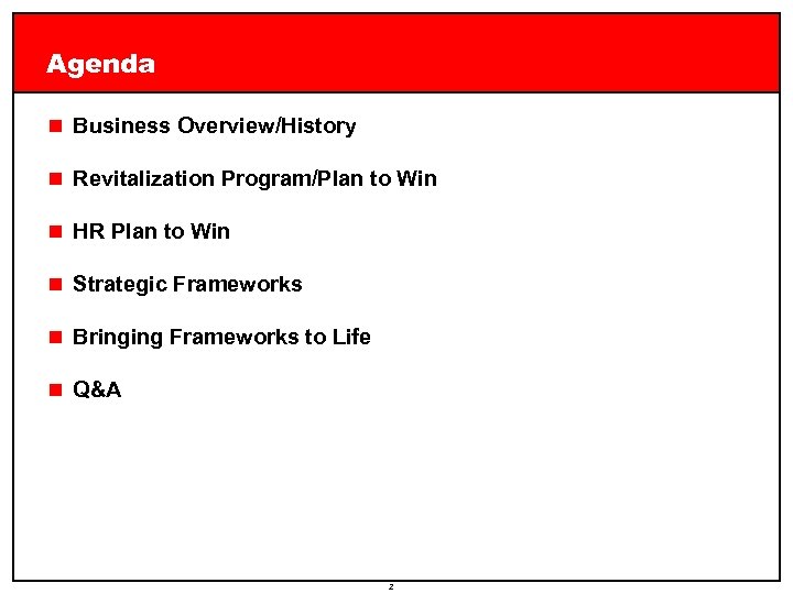 Agenda n Business Overview/History n Revitalization Program/Plan to Win n HR Plan to Win