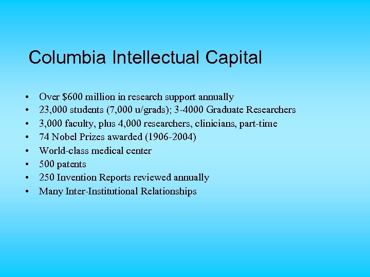 Columbia Intellectual Capital • • Over $600 million in research support annually 23, 000