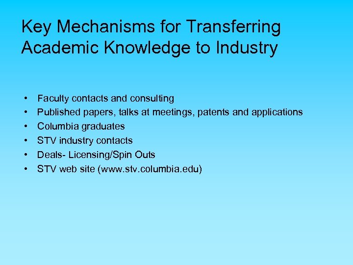Key Mechanisms for Transferring Academic Knowledge to Industry • • • Faculty contacts and