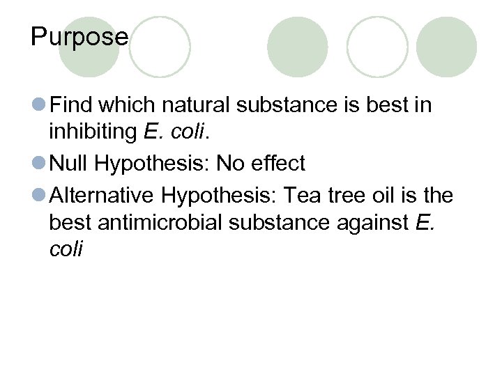 Purpose l Find which natural substance is best in inhibiting E. coli. l Null