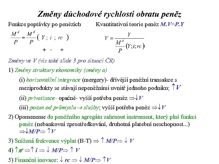Změny důchodové rychlosti obratu peněz Funkce poptávky po penězích Kvantitativní teorie peněz M. V=P.