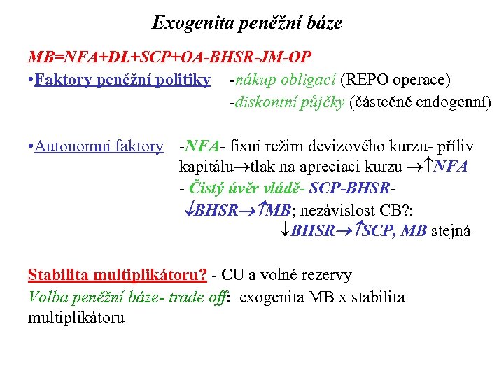 Exogenita peněžní báze MB=NFA+DL+SCP+OA-BHSR-JM-OP • Faktory peněžní politiky -nákup obligací (REPO operace) -diskontní půjčky