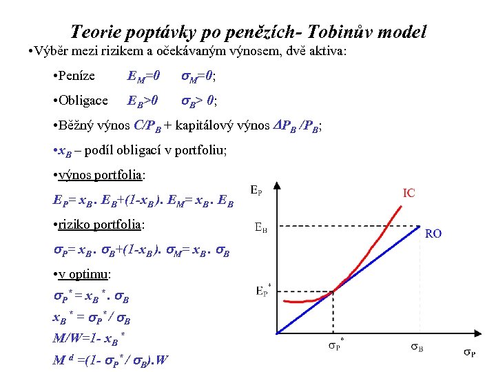 Teorie poptávky po penězích- Tobinův model • Výběr mezi rizikem a očekávaným výnosem, dvě