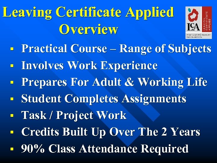 Leaving Certificate Applied Overview § § § § Practical Course – Range of Subjects