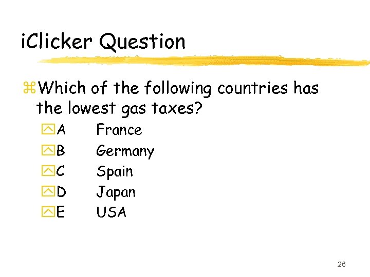 i. Clicker Question z. Which of the following countries has the lowest gas taxes?