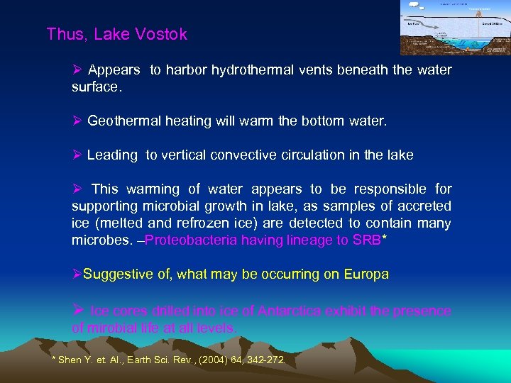 Thus, Lake Vostok Ø Appears to harbor hydrothermal vents beneath the water surface. Ø