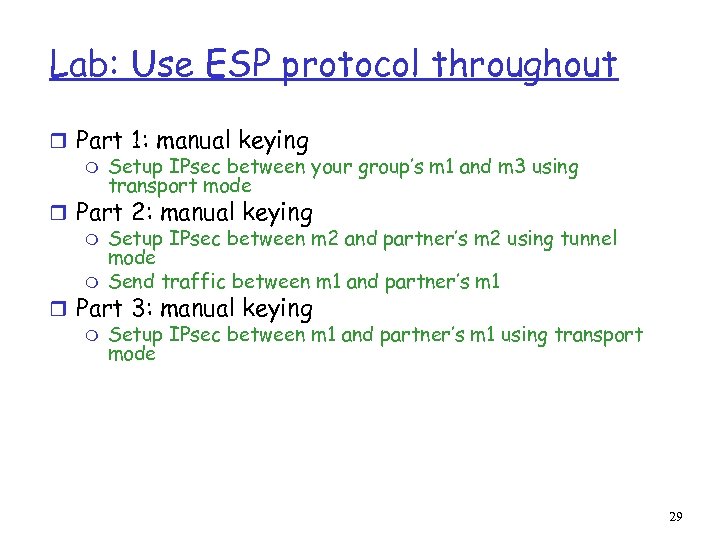 Lab: Use ESP protocol throughout r Part 1: manual keying m Setup IPsec between