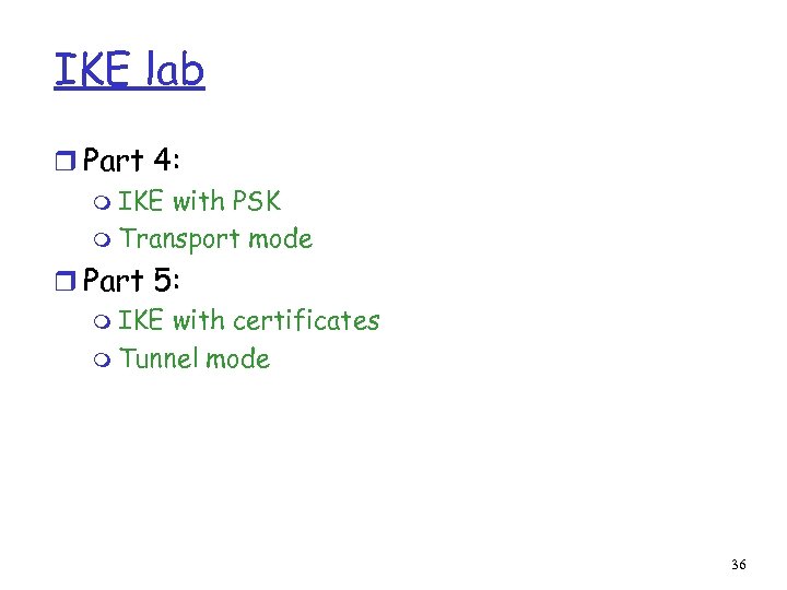 IKE lab r Part 4: m IKE with PSK m Transport mode r Part