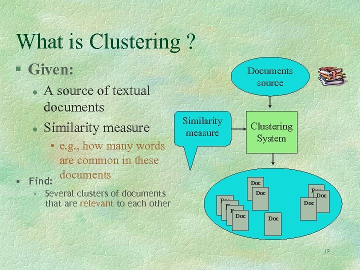 What is Clustering ? § Given: l l A source of textual documents Similarity
