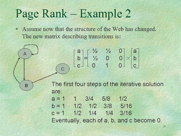 Page Rank – Example 2 § Assume now that the structure of the Web