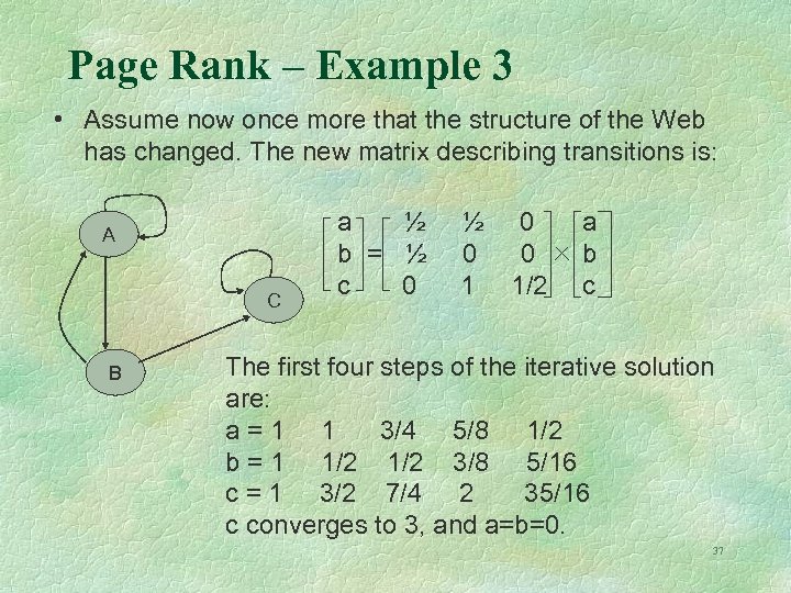 Page Rank – Example 3 • Assume now once more that the structure of