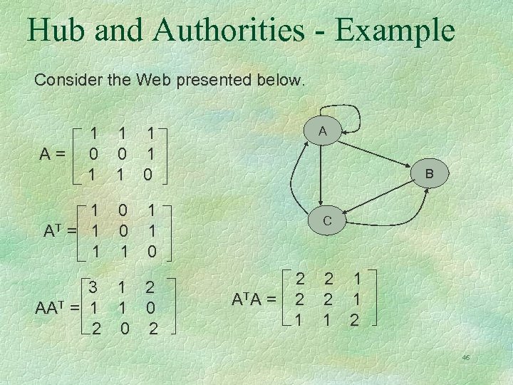Hub and Authorities - Example Consider the Web presented below. A= A 1 1
