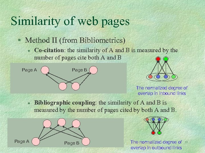 Similarity of web pages § Method II (from Bibliometrics) l Co-citation: the similarity of