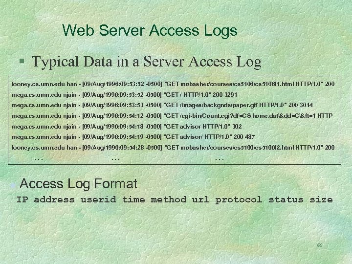 Web Server Access Logs § Typical Data in a Server Access Log looney. cs.