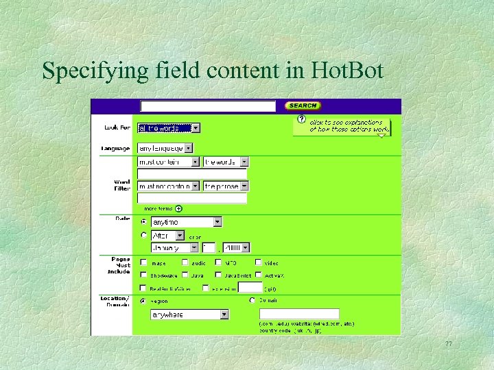 Specifying field content in Hot. Bot 77 