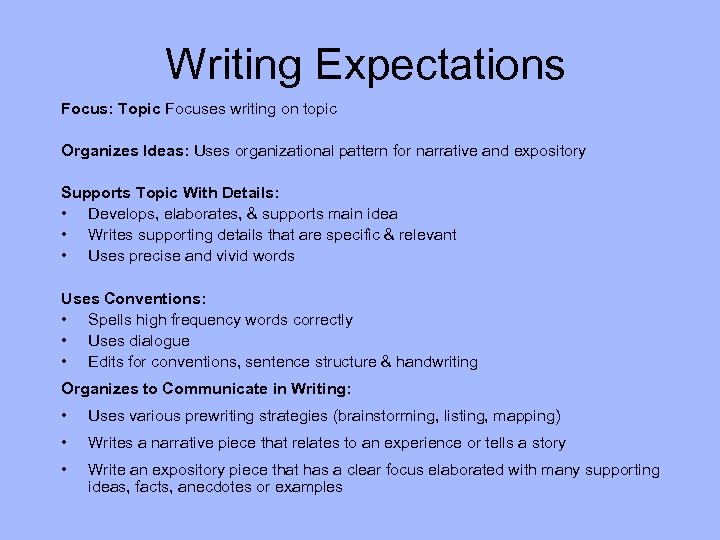 Writing Expectations Focus: Topic Focuses writing on topic Organizes Ideas: Uses organizational pattern for