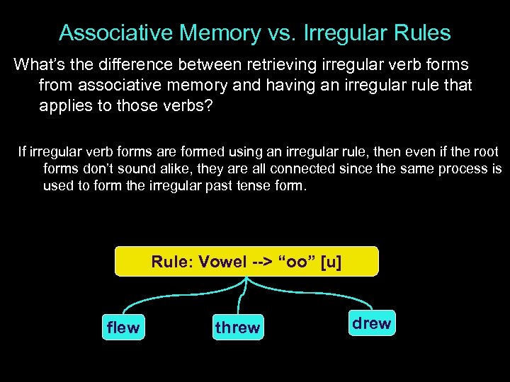 Associative Memory vs. Irregular Rules What’s the difference between retrieving irregular verb forms from
