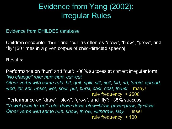 Evidence from Yang (2002): Irregular Rules Evidence from CHILDES database Children encounter “hurt” and