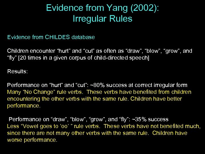 Evidence from Yang (2002): Irregular Rules Evidence from CHILDES database Children encounter “hurt” and