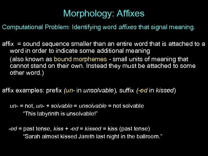 Morphology: Affixes Computational Problem: Identifying word affixes that signal meaning. affix = sound sequence
