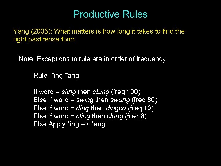 Productive Rules Yang (2005): What matters is how long it takes to find the
