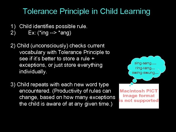 Tolerance Principle in Child Learning 1) Child identifies possible rule. 2) Ex: (*ing -->