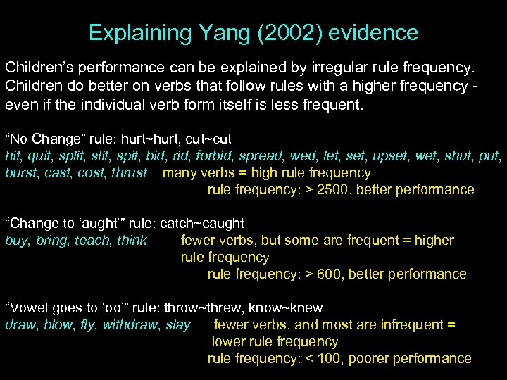 Explaining Yang (2002) evidence Children’s performance can be explained by irregular rule frequency. Children