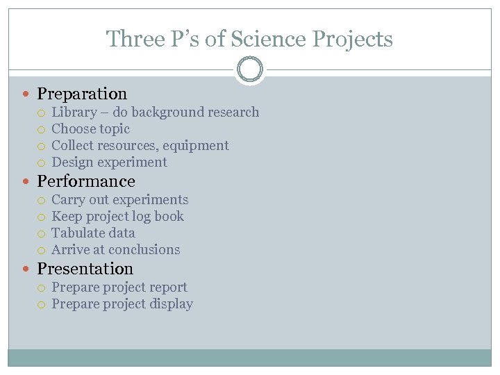 Three P’s of Science Projects Preparation Library – do background research Choose topic Collect