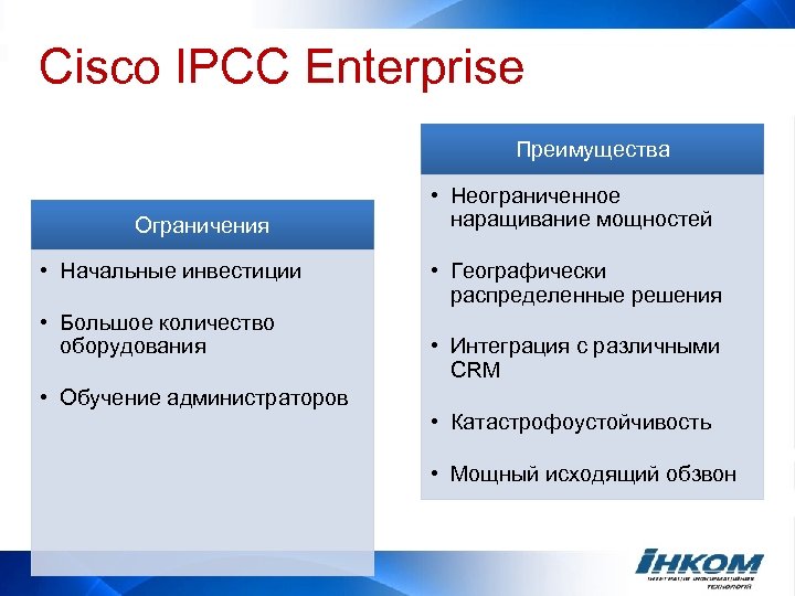 Cisco IPCC Enterprise Преимущества Ограничения • Начальные инвестиции • Большое количество оборудования • Обучение