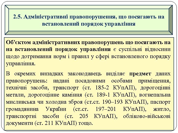 2. 5. Адміністративні правопорушення, що посягають на встановлений порядок управління Об'єктом адміністративних правопорушень що