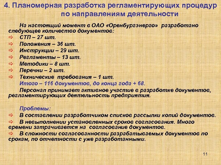4. Планомерная разработка регламентирующих процедур по направлениям деятельности На настоящий момент в ОАО «Оренбургэнерго»