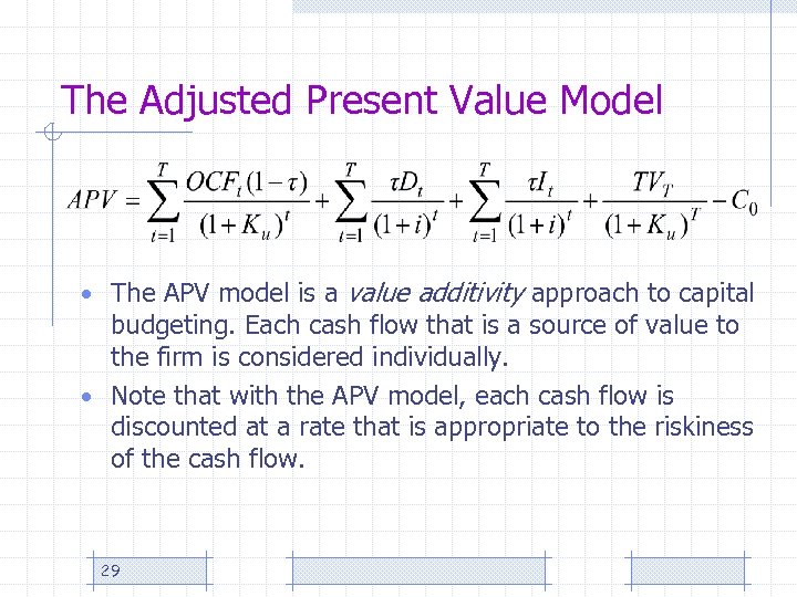 The Adjusted Present Value Model • The APV model is a value additivity approach