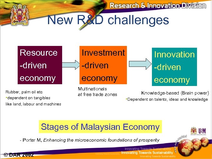 New R&D challenges Resource -driven economy Rubber, palm oil etc • dependent on tangibles