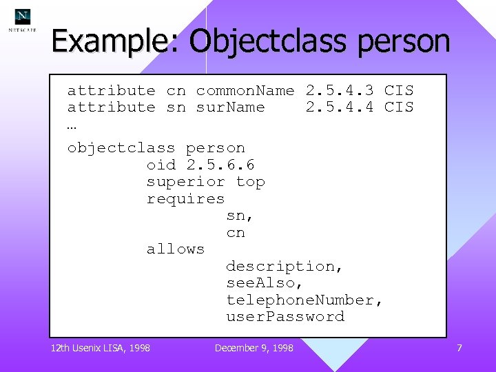 Example: Objectclass person attribute cn common. Name 2. 5. 4. 3 CIS attribute sn