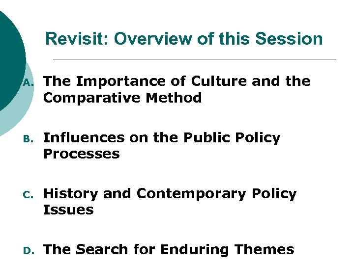 Revisit: Overview of this Session A. The Importance of Culture and the Comparative Method