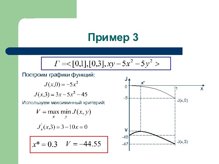 Пример 3 Построим графики функций: J 0 Используем максиминный критерий: -5 x* 1 J(x,