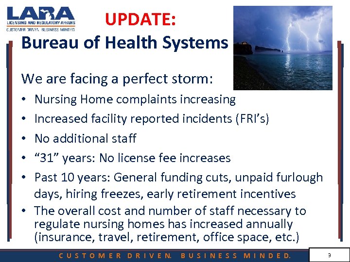 UPDATE: Bureau of Health Systems We are facing a perfect storm: Nursing Home complaints