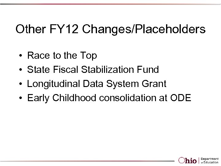 Other FY 12 Changes/Placeholders • • Race to the Top State Fiscal Stabilization Fund