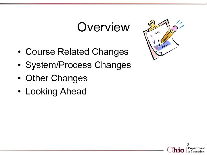 Overview • • Course Related Changes System/Process Changes Other Changes Looking Ahead 3 