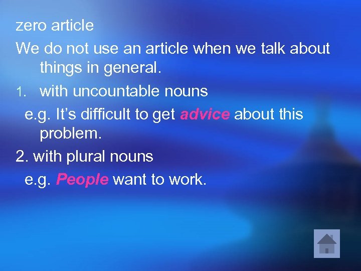 zero article We do not use an article when we talk about things in