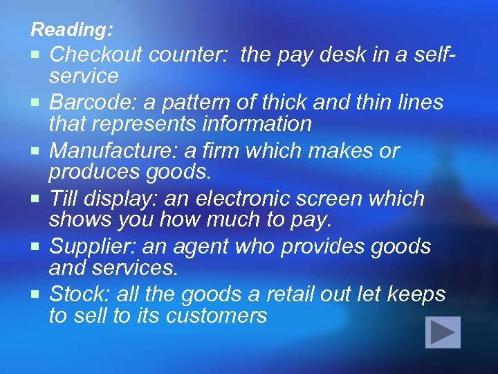 Reading: ¡ Checkout counter: the pay desk in a self¡ ¡ ¡ service Barcode: