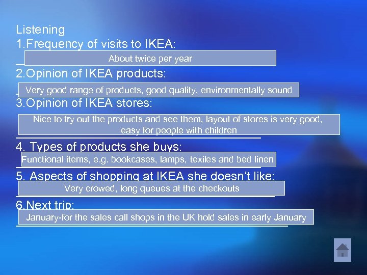 Listening 1. Frequency of visits to IKEA: About twice per year __________________ 2. Opinion