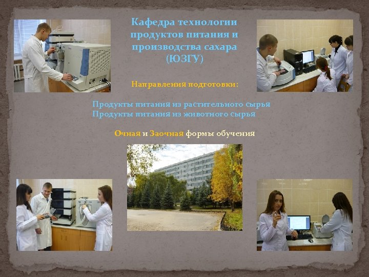 Кафедра технологии продуктов питания и производства сахара (ЮЗГУ) Направления подготовки: Продукты питания из растительного